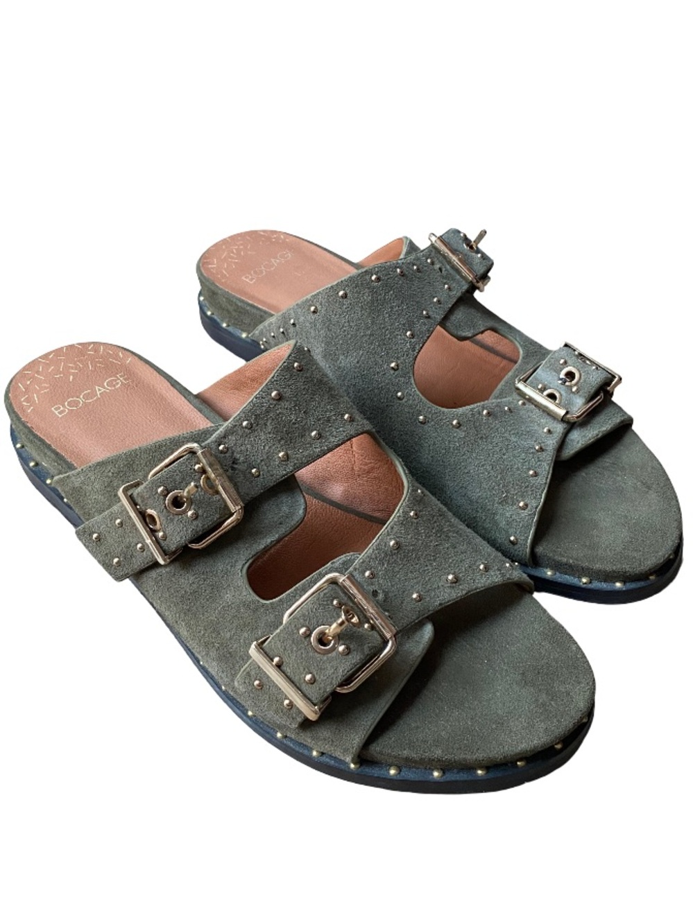 Bocage olive green suede studded adjustable strap slide sandals size